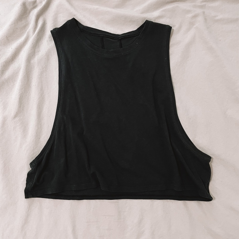 Black LuluLemon crop tank, athletic wear, active wear, workout top, muscle top